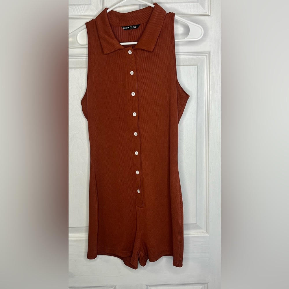 SHEIN Button Up Front Rib-Knit Romper